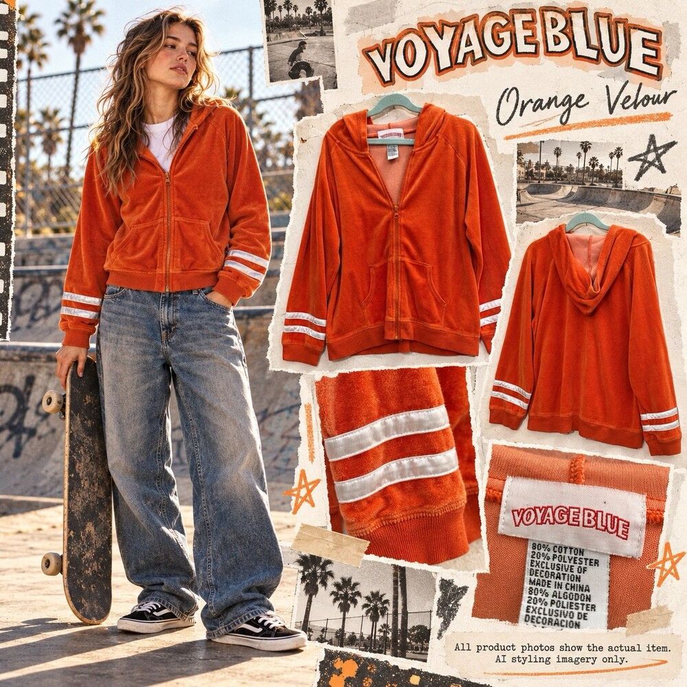 Voyage Blue Velour Hoodie Orange Cropped Zip Up Stripe Y2K Skatecore Retro Sport